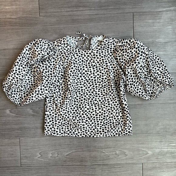 H&M Cotton Poplin Floral Puff Sleeve Crewneck Blouse Keyhole Back Size XS - Picture 2 of 6